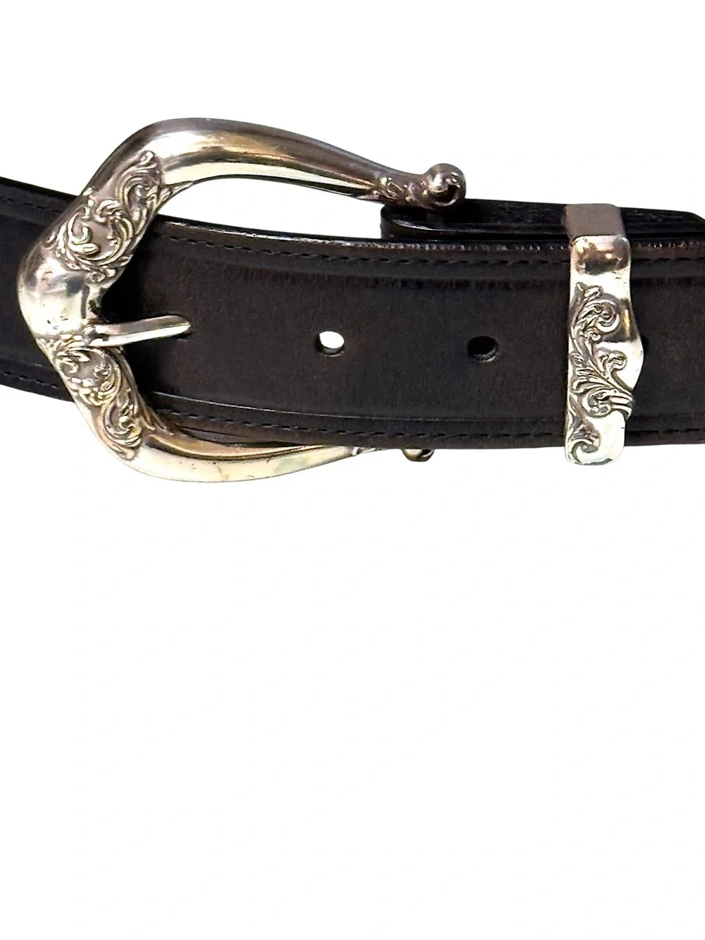 Brighton Black Pierced Leather Belt with Silver Western Buckle Sz L 34
